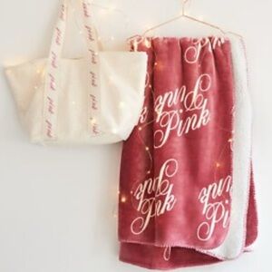 Victoria's Secret Cream Tote and Pink Blanket Set